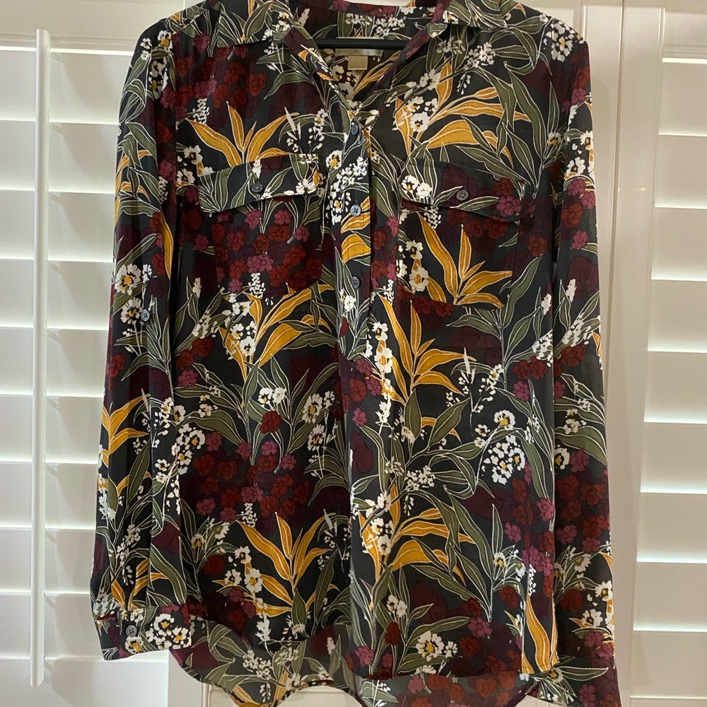 LOFT Floral Button Down Shirt - Burgundy and Yellow